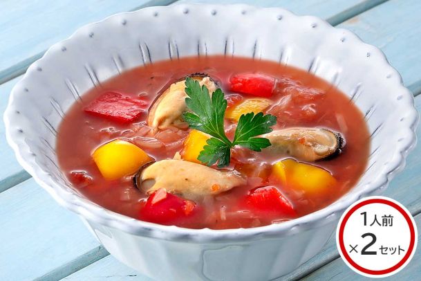 ムール貝と3種の野菜のさっぱりトマトスープ